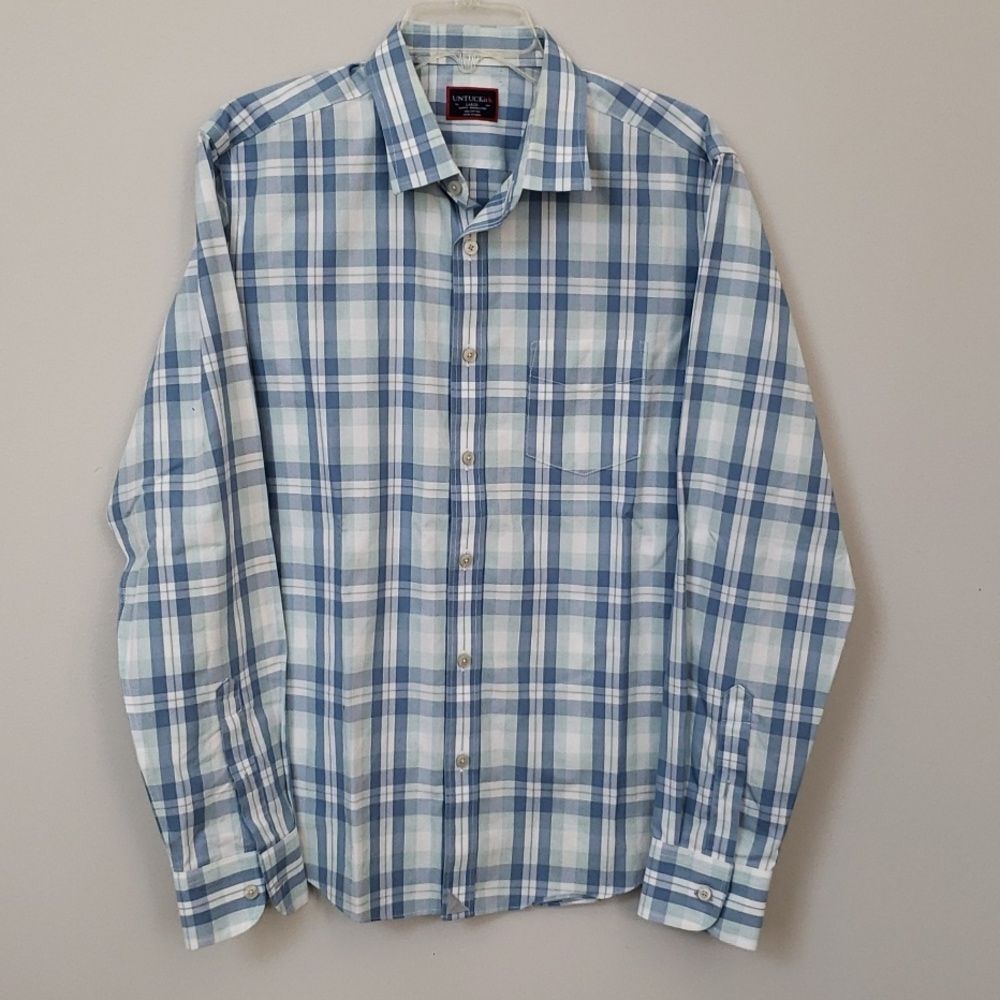 Untuckit Shirt Mens Large Plaid Blue Green White Slim Fit Wrinkle Free Cotton